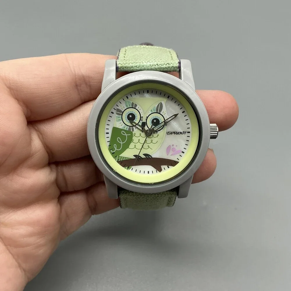 Sprout Girls Watch 38mm Owl MOP Dial Green Gray Case Canvas Strap New Battery
